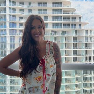 Women's White Printed Sleeveless Dress with Red Trim